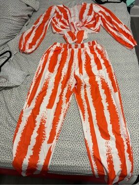 Orange and White Striped Tie-Front Jumpsuit Set